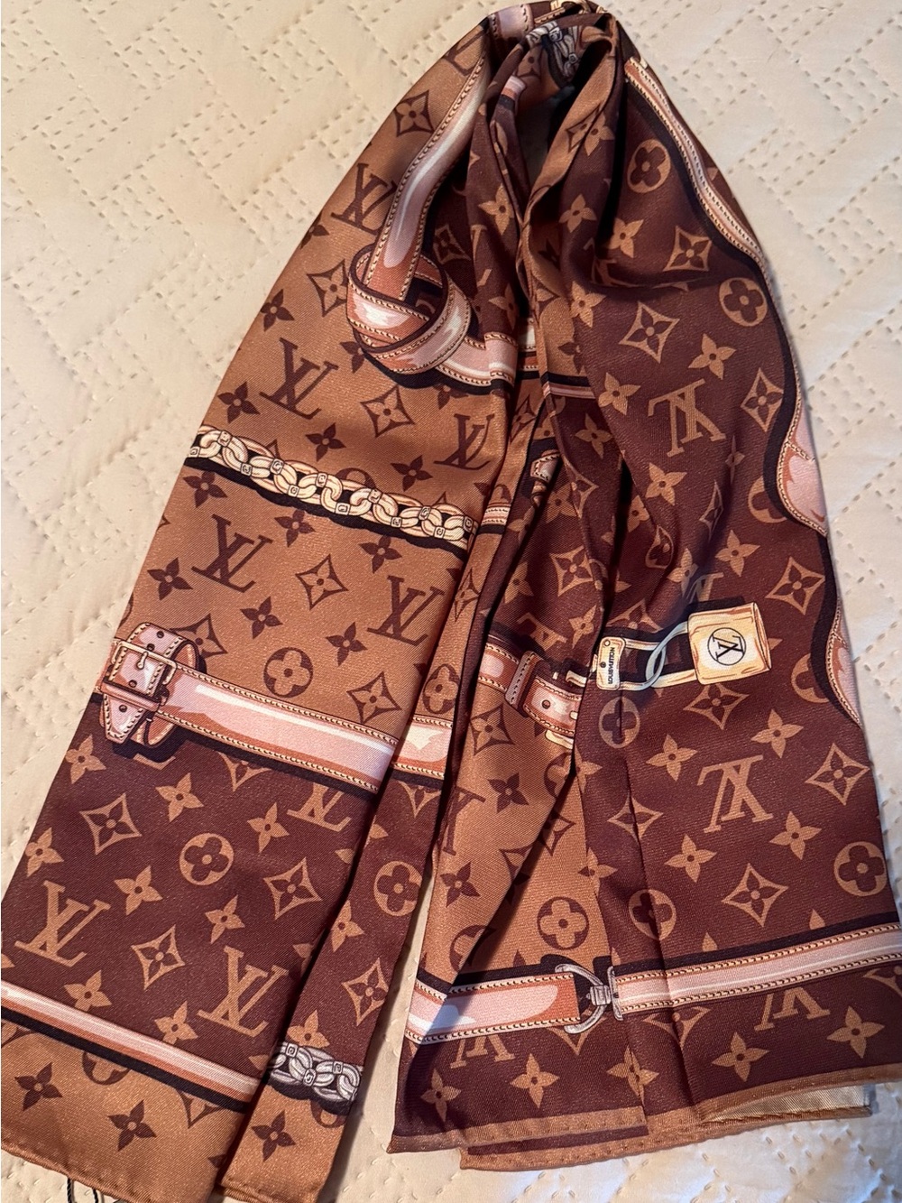 Beautiful Brown Silk Monogram Trunk Scarf